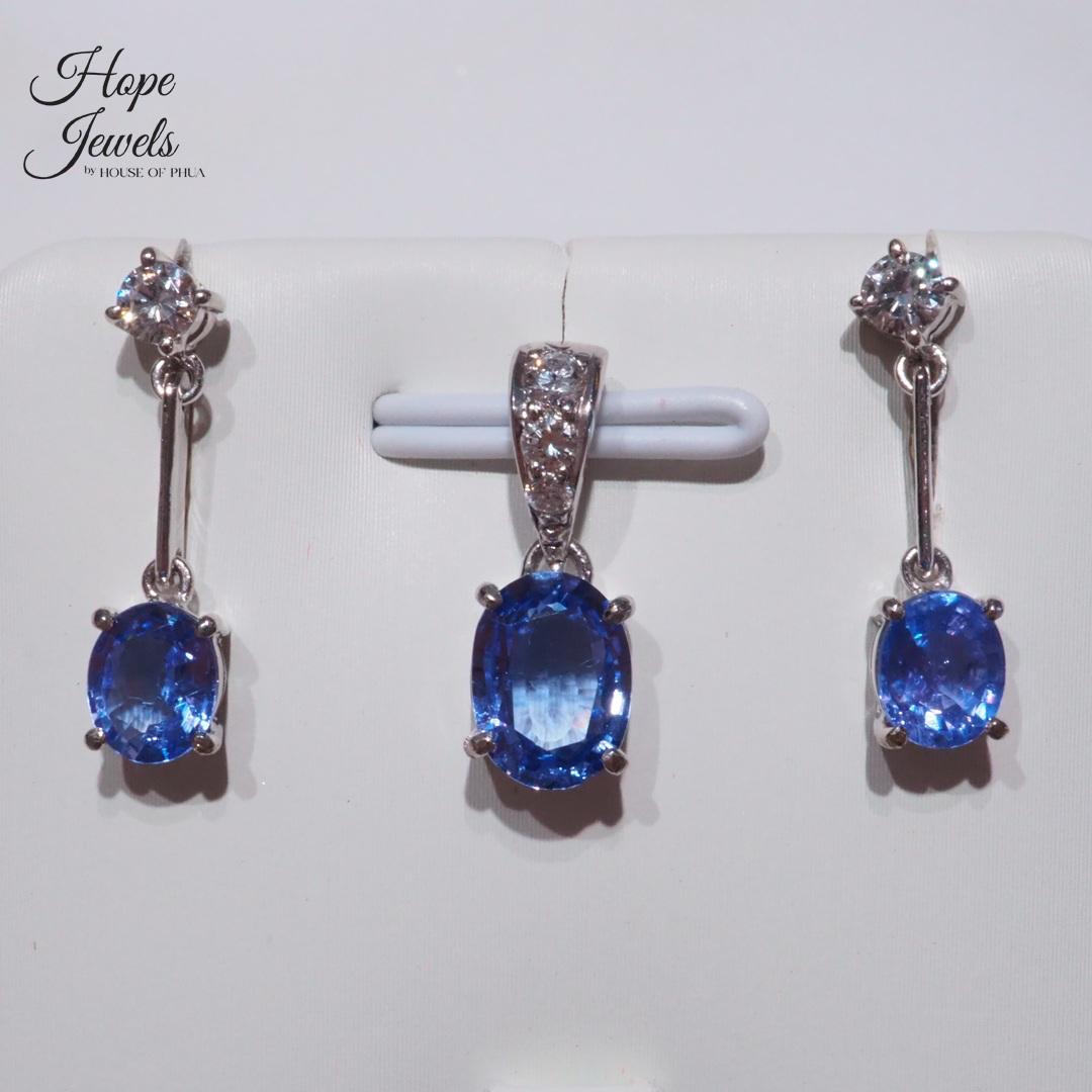 Hope Jewels - Tanzanite 2 Ct Pendant with Tanzanite Earrings 2x1 Ct set in 14k Gold with Diamonds