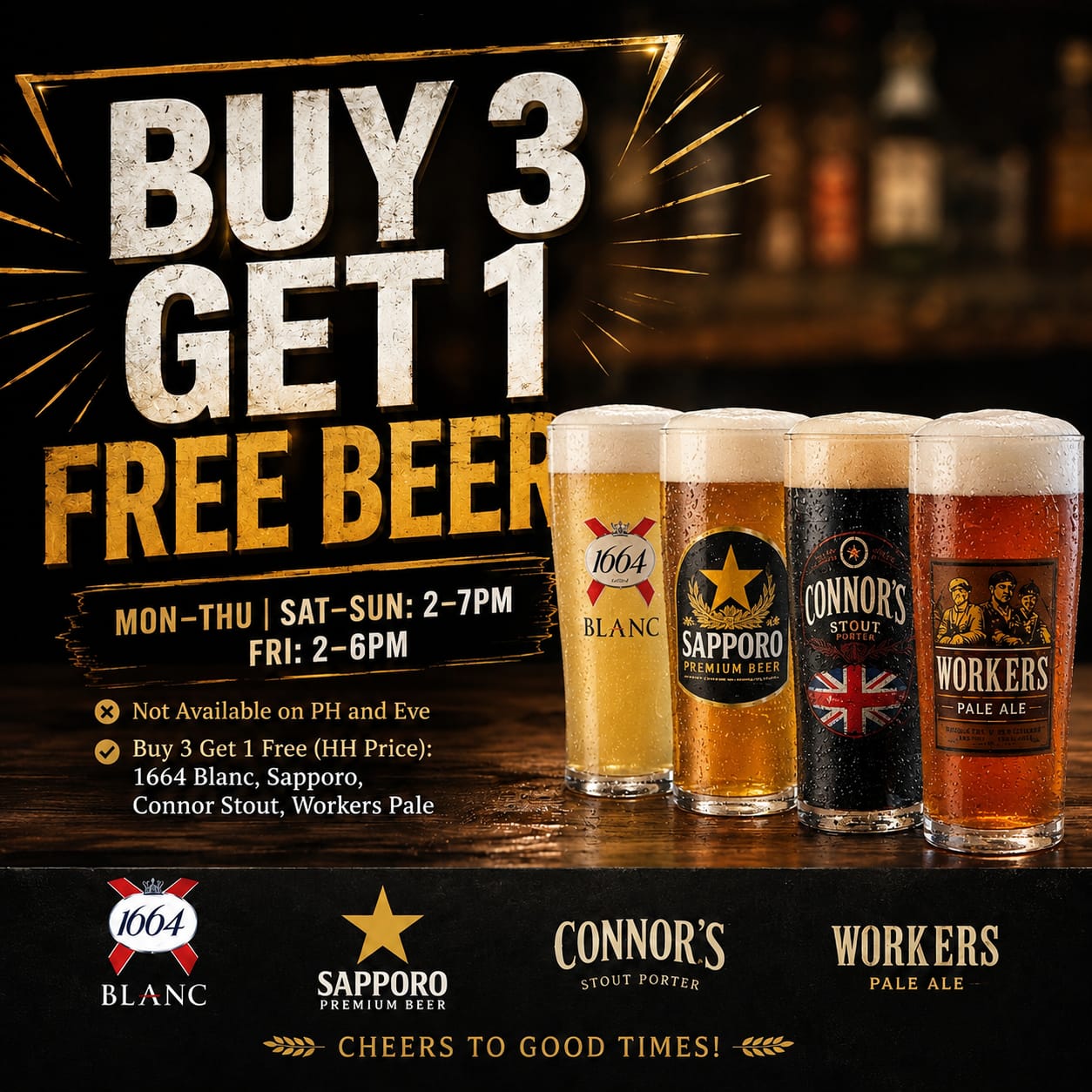 BistrOne36 - Buy 3 Get 1 Free Beer (Happy Hour Promo)